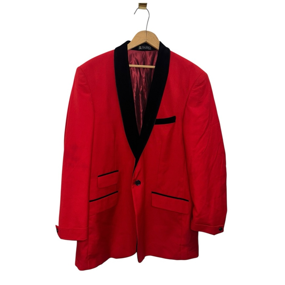 Tazio Italy Mens 44L Red Jacket Black Velvet Trim Tuxedo Blazer Holiday Formal - Picture 2 of 14